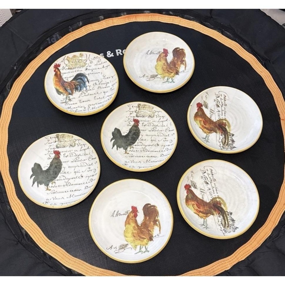 Williams Sonoma Rooster Script Ceramic Salad Plates Lot Of 7 Discontinued Italy